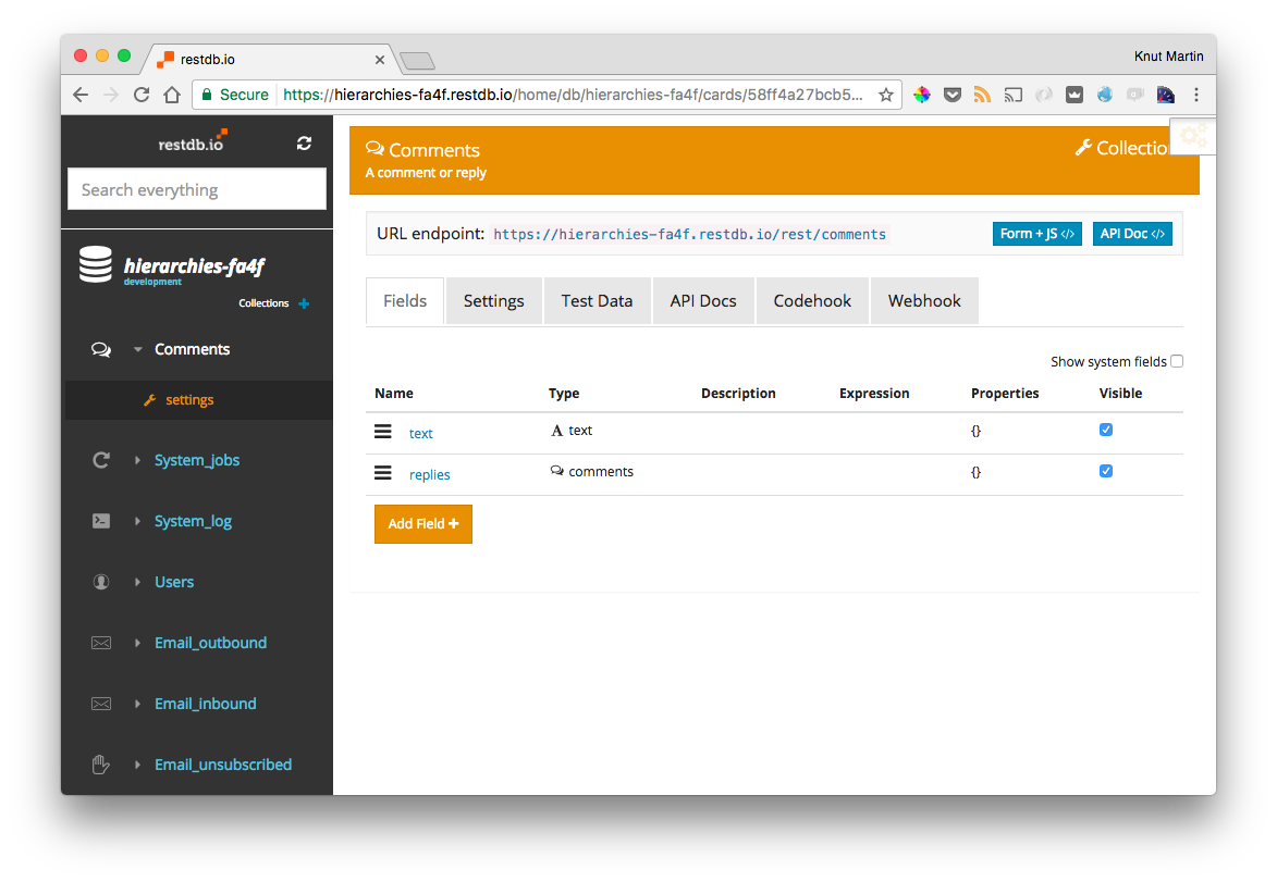 restdb.io developer mode - adding the two fields