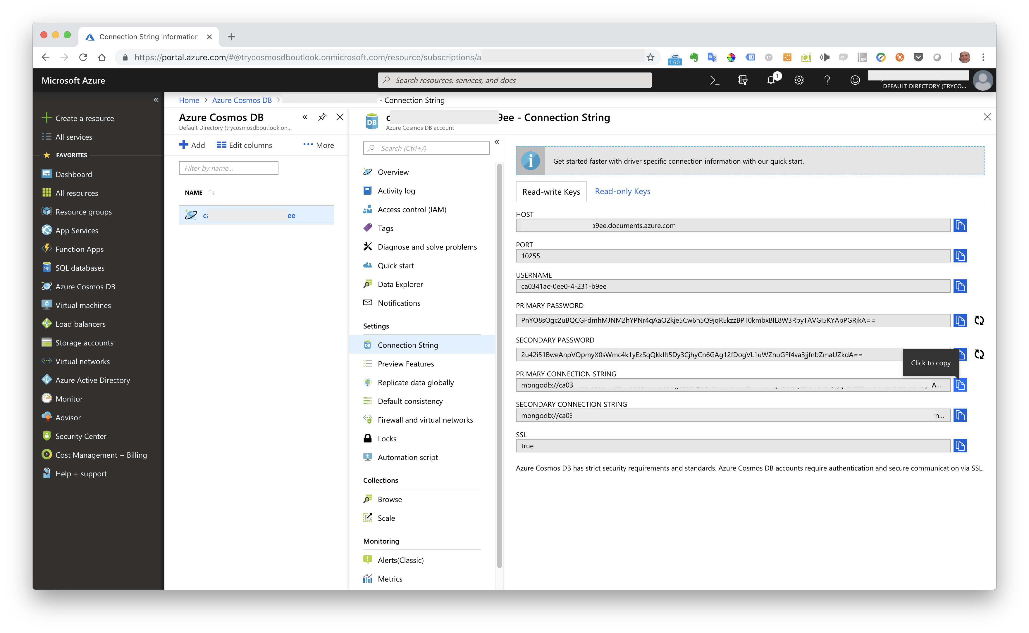 connection string from cosmos db